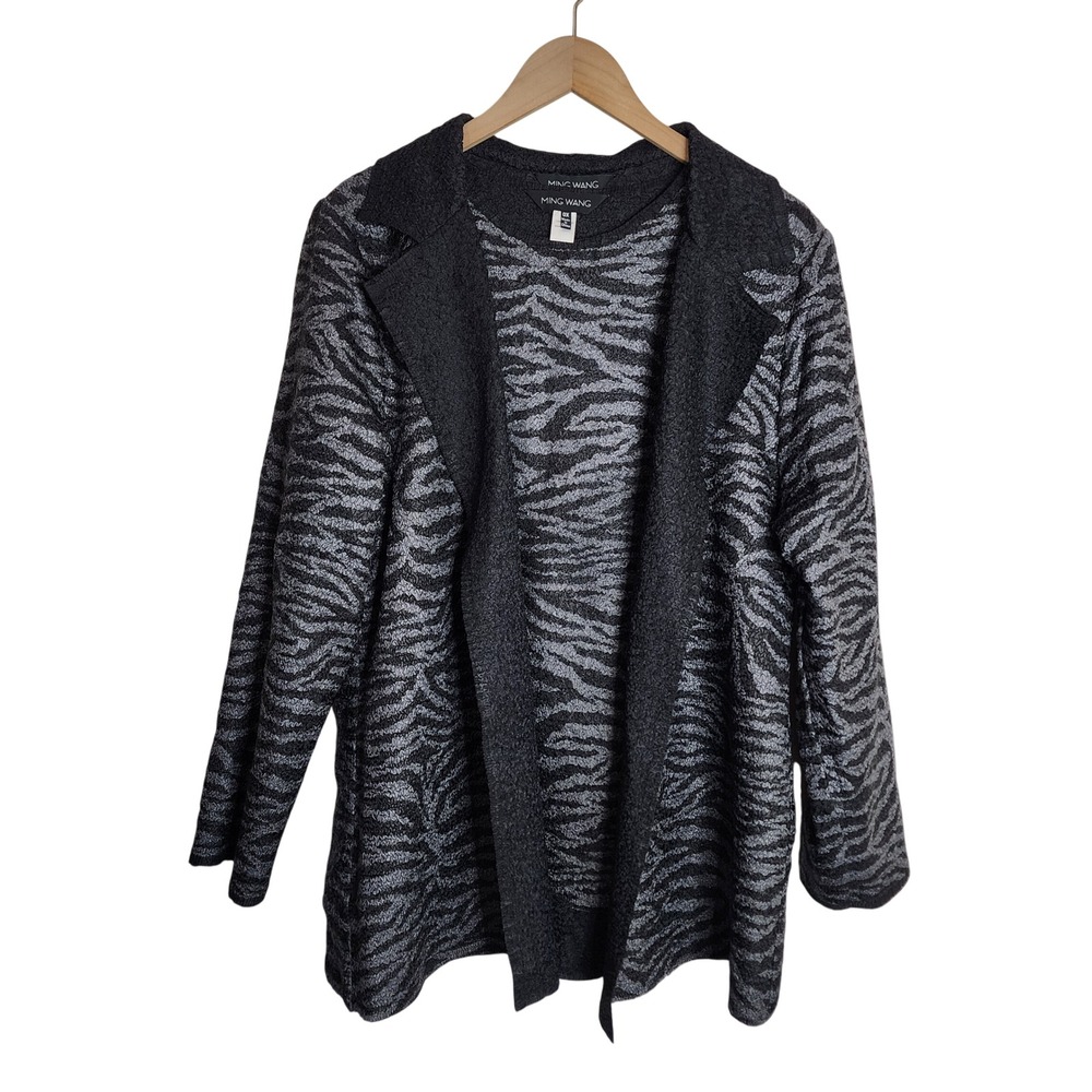 Ming Wang 2 Piece Set Women 0X Black Gray Zebra Knit Cardigan & Tank Top Set
